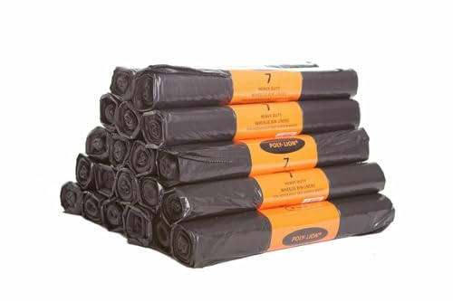 Bag Market | Heavy Duty Black Wheelie Bin Liners/Bags on a Roll - 300L - Rubbish, Refuse, Sacks - 7 per Roll | Poly-Lion (1 Roll - 7 Bags)