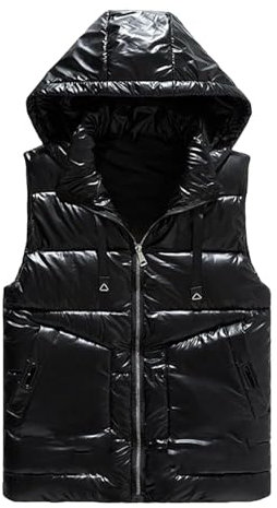 Männer Stilvolle Büro Glänzend Ärmellose Jacke Lässig Verdickte Weste Mit Hut Abnehmbar Black XXXL