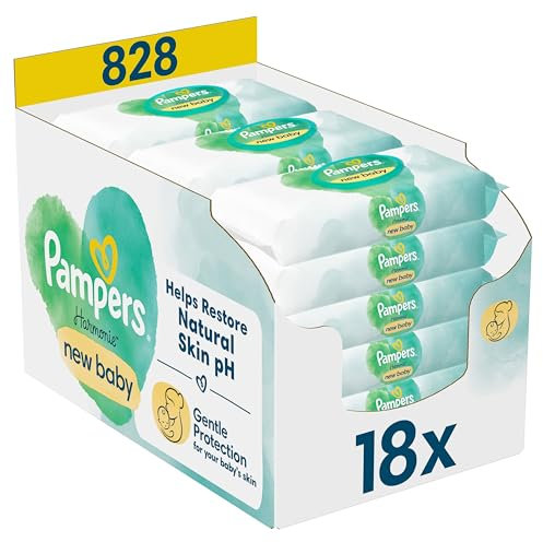 Pampers Harmonie New Baby Feuchttücher 18 Packungen mit jeweils 46 Feuchttüchern = 828 Feuchttücher, die helfen, den natürlichen pH-Wert der Haut wiederherzustellen
