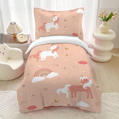 HOMHOMHA Single Duvet Cover set -Girls Unicorn Bedding Single - Kids Pink Bed Cover wite Zip 135CMx200CM+ 1 Pillowcase50x75CM 3D Print Microfiber (2pc)