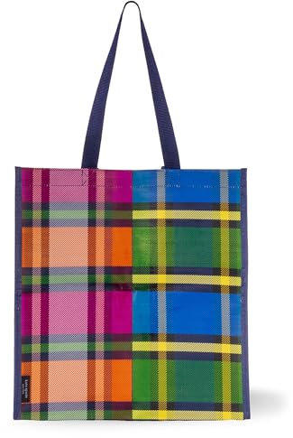 Kate Spade New York Reusable Shopping Bag, Grocery Tote with Shoulder Straps, Large Collapsible Tote, Grand Plaid Duo