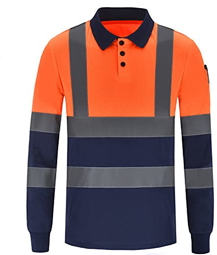 AYKRM Orange Navy Long sleeves Hi Vis Viz Visibility Safety Work Polo Shirt hi vis Polo Shirt (XS-8XL)