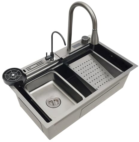 Fregadero de Cocina Inteligente Con Pantalla Digital, 3 Modos de Salida de Agua, Gran Juego Con Tabla de Cortar y Escurridor, Rectangular Para Restaurantes, Cocinas y Laboratorios