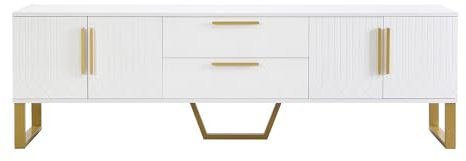 I0I&I0I Hochglänzender TV-Schrank mit Gravierten Türen, MDF-Material, Vier Türen, Viel Stauraum, Moderner Luxus für Wohnzimmer (Weiß-Gold, 170x40x53 cm)