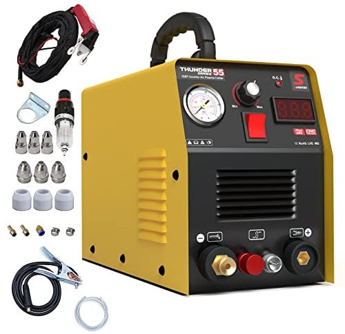 SUSEMSE Plasmaschneider Pilotzündung 55 Ampere Inverter Hochfrequenz Plasmaschneider IGBT Inverter Plasma Cutter, 230 V, Schneidleistung max. bis 14 mm - mit Plasma Schneidbrenner und Düsen Set