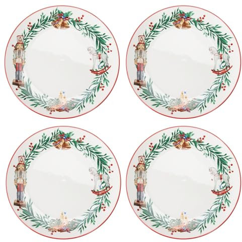 Pack of 4 Nutcracker Christmas Plates | Round Ceramic Festive Serving Dishes | Xmas Tableware Dinner Plates - 27cm