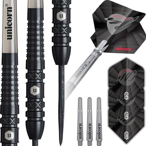 Unicorn Darts Set Contender | Matt 'The Scholar' Dennant | 90% Tungsten Bullnose Barrels with Balck Coating & Intricately Machined Grip Rings | Ultrafly Flights | Steel Tip Black Volute Points | 25 g