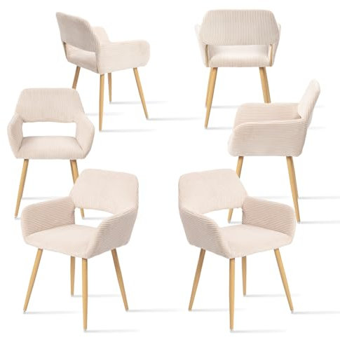 MEUBLE COSY Esszimmerstuhl 6er Set Küchenstuhl Polsterstuhl Wohnzimmerstuhl Sessel mit Armlehne, Sitzfläche aus Cordstoff, Metallbeine, Hellbeige