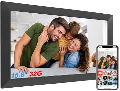 Digitaler Bilderrahmen 15,6 Zoll, 2K FHD IPS Elektronischer Fotorahmen Groß Touchscreen WLAN. 20.000 Fotos(32GB) Frameo Digital Photo Frame, Teilen von Bildern/Musik/Videos, Schwarz