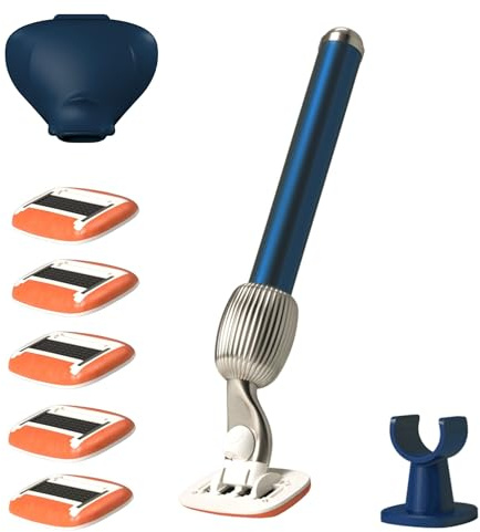 Fler The Razor Shave Set – Damenrasierer mit Austauschbaren Rasierköpfen, Rasierer mit Halterung, 6 Ersatzklingen und Schutzhülle, Unisex-Rasierer, Rasierklingen mit Aloe Vera, Vitamin E (Blau)