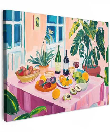 MuchoWow© Impression sur Toile Peinture 40x30 cm Tableau Mural Decoration Salon Reproductions de Tableaux Murale Moderne Table - Vin - Fruits