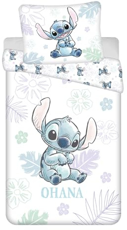 Stitch Angel Ohana Bettwäsche 140x200 + Kissenbezug 70x90 Baumwolle Weiß | Wendebettwäsche Einzelbett | Ohana bedeutet, niemand wird zurückgelassen | Offizielle Disney Lizenz