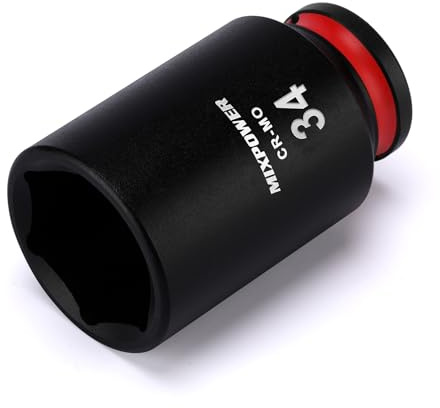 MIXPOWER 1/2 Drive Deep Impact Socket, CR-MO, 34mm, Metric, 6 Point, Axle Nut Impact Grade Socket for Easy Removal