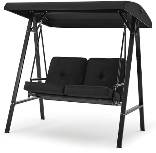 YODOLLA Balancelle de Jardin 2 Places - Balancoire Extérieure avec Auvent Réglable & Coussin Épais - Grand Confort - 143 × 95 × 153 cm (Noir)