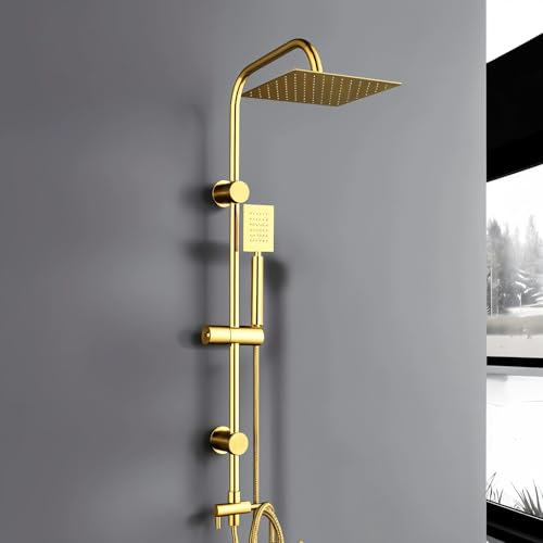 Megistore | Colonna Doccia Finitura Oro Con Soffione e Doccetta Quadrato Acciaio Anticalcare, Porta Sapone, Altezza Regolabile Che Permette Di Utilizzare Fori Pre Esistenti