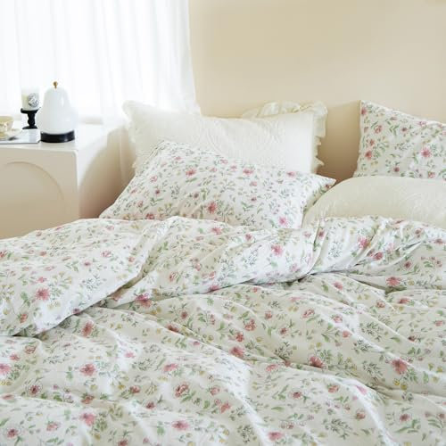 Freyamy Blumen Bettwäsche 155x220,Weiß Floral Bettwäsche-Sets 2tlg,Weich Mikrofaser Botanisch Aesthetic Bettwäsche Bettbezug mit Reißverschluss und 1 Kissenbezüge 80x80cm