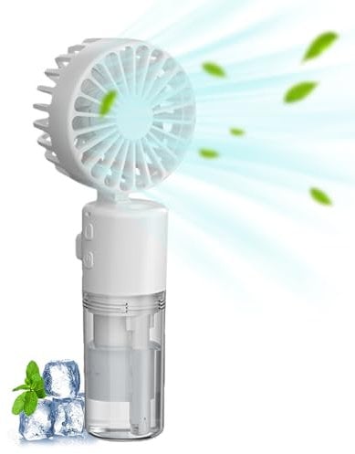 Handheld Fan with Water Mist Spray, Portable & Foldable Mini Misting Fan with Transparent Tank Water Replenisher, USB Rechargeable, 4-Speed Cooling Fans for Outdoor, Travel, Camping & Office (White)