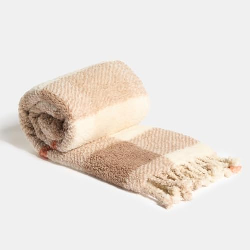 OHS Sherpa Fleece Throw Blanket for Sofa, Ultra Soft Warm Stylish Check Tassel Fleece Blanket Lightweight Cosy Throws for Sofa Large Single Bed Throw, Rust - 120 x 150cm