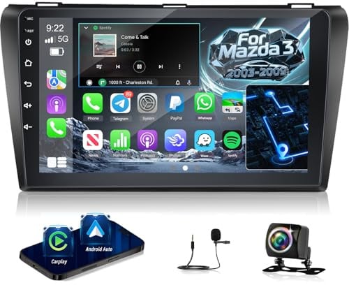 NHOPEEW Radio para Coche 2G+64G para Mazda 3 2003-2009 - Carplay inalámbrico y Android Auto - Radio Carplay de 9 Pulgadas con WiFi, Ecualizador, GPS, cámara de visión Trasera AHD