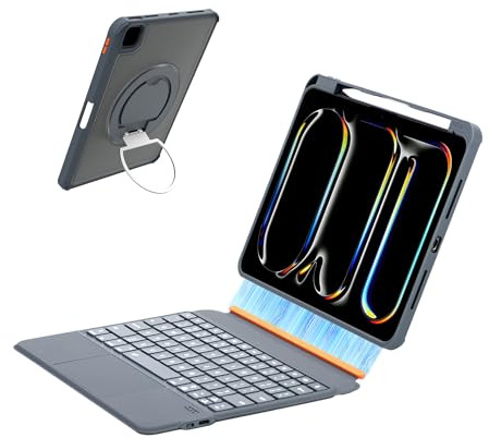 mobee Étui clavier pour iPad Pro 13 M4 2024/M5 2025 – Clavier rétroéclairé magnétique amovible avec pavé tactile, porte-crayon et béquille rotative à 360°