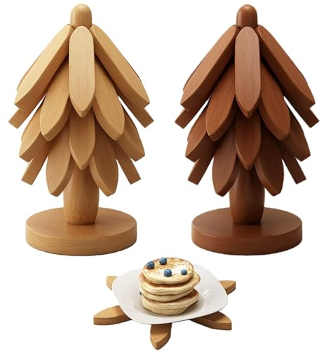 2-Pack Wooden Christmas Tree Trivet Set,Maslasee Wooden Trivet Tree with Stands, Stackable Hot Plate Holders - Perfect Trivets for Christmas Dishes, Kitchen Counter Decor