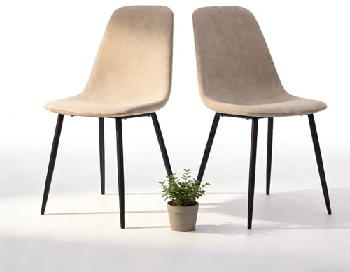 2er Set Esszimmerstühle mit Metallgestell, pulverbeschichtetes Stahlrohr in Schwarz, Stoffbezug mit Schaumpolsterung, in 2 Farben: Beige & Khaki, Elegante Maße 43x52x84,5 cm, einfache Montage