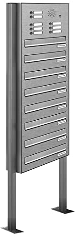 AL Briefkastensysteme 8er Edelstahl Durchwurfbriefkasten mit Klingel, Standbriefkasten modern, 8 Fach Briefkastenanlage V2A Edelstahl Postkasten