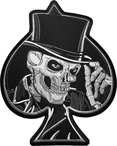 Papapatch Aufnäher / Bügelbild, Motiv: Hut, Totenkopf, Spaten, Karten, Biker, Motorrad, Kostüm, Jacke, Weste, DIY, bestickt, groß