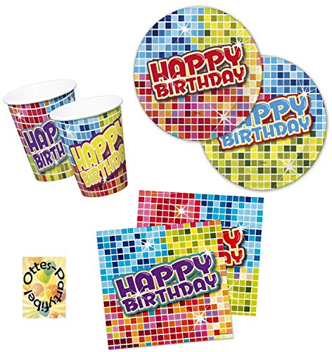 Happy Birthday Disco Partyset für 12 Personen Teller Becher Servietten