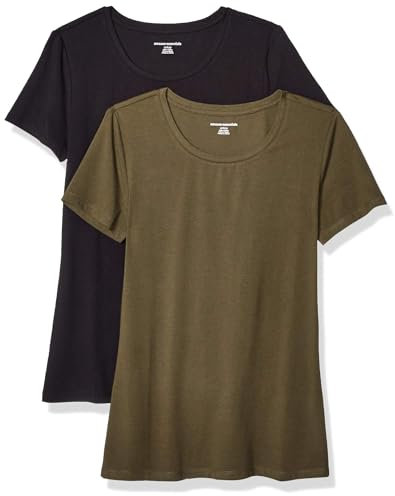 Amazon Essentials Camiseta de Manga Corta con Cuello Redondo y Corte Recto Mujer, Pack de 2, Negro/Verde Oliva, XL