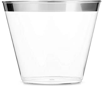 Munfix 100 Silver Plastic Cups 9 Oz Clear Plastic Cups Old Fashioned Tumblers Silver Rimmed Cups Fancy Disposable Wedding Cups Elegant Party Cups with Silver Rim