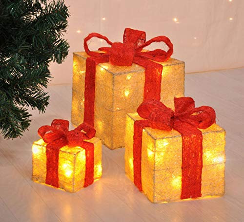 3er-Set LED Deko Geschenke Geschenkboxen - Weihnachten Dekoration Geschenk beleuchtet, rot