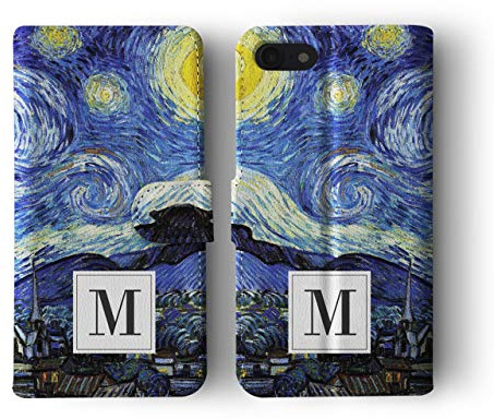 Tirita Personalised Initials Custom Wallet Leather Flip Phone Case Compatible with iPhone 11 Masterpiece Art Famous Artist Van Gogh Starry Nigh