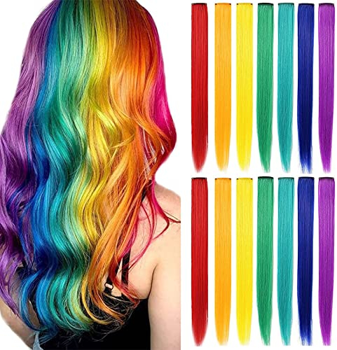IAMERUI Mehrfarbige Party-Highlights glattes Haar, bunter Clip in synthetischen Haarverlängerungen in mehreren Farben, hitzebeständiges langes Haarteil (Regenbogenfarbe)