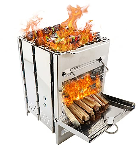 Klappbarer Holzofen, Klappbarer Grill-Campingkocher, Camping-Holzkocher, tragbarer Edelstahl-Holzkocher, geeignet für Outdoor-Camping-Kochen, Picknicks, Barbecues