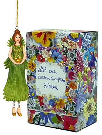 Fiebiger Floristik Figura decorativa de flor de niña de hojas de palma de cáñamo para colgar, figura de elfo, figura de hada floral, escultura para niños de flores en caja de regalo