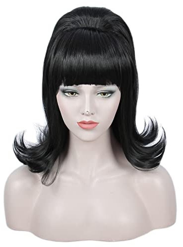 Linfairy Retro Short Black Wig Big Bouffant Beehive Perücken für Damen passend für 50er 80er Kostüme