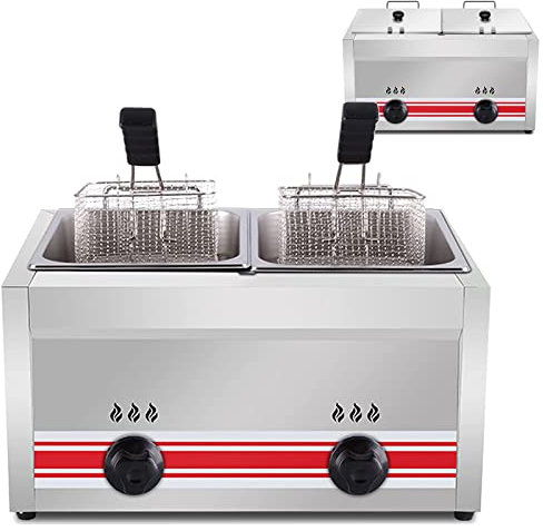 20 l Gasfritteuse mit Zwei Zylindern für Gewerbe, 20 l, freistehende Temperaturregelung, LPG-Fritteuse aus Edelstahl, mit 2 Körben und Deckeln, leicht zu reinigen