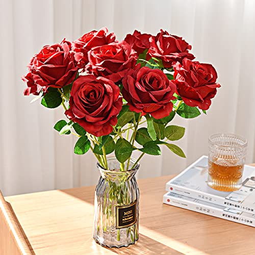 Jewlri 12pcs Artificial Rose Flowers Faux Red Flower Single Fake Blossom Roses 38cm Stem Bouquets White for Valentine's Day Home Wedding Party Decoration