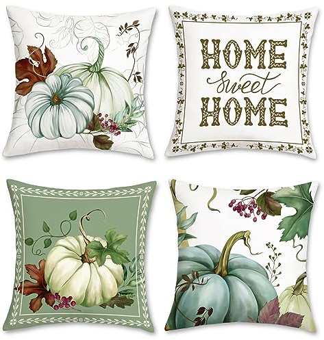 Bonhause 4er Set Kissenbezüge Herbst Kürbis 45 x 45 cm Erntedankfest Ernte Blätter Dekorative Kissenhülle Herbst Zierkissenbezüge für Sofa Schlafzimmer Wohnzimmer Auto Zuhause Dekoration