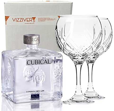 Cubical Botanic Gin Premium 40% Vol. 70 cl - Due Bicchieri In Vetro Borgonovo 620 ml