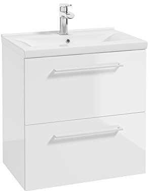 Lomadox Einzel-Waschtisch in weiß Hochglanz lackiert mit Metallgriffen in weiß, 2 Schubladen und Keramikwaschbecken, B/H/T ca. 62/65/41 cm