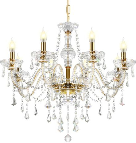 Ridgeyard 10 Lumières Lustre Cristal à Bougie Luxueux en Cristal de Luminaire Moderne à Suspension en Cristal Luminaire à goutte de pluie Luminaire à Suspension en verre pour plafond, Or