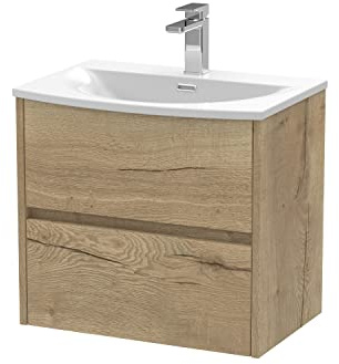 Hudson Reed HAV804G Havana Modern Bathroom Wall Hung 2 Drawer Vanity Basin Unit & Curved Ceramic Basin, 600mm, Woodgrain Autumn Oak