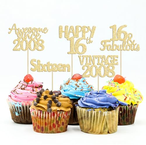 Gyufise 30Pcs Happy 16th Cupcake Toppers Glitter Fifteen Vintage 2009 Cupcake Picks Cheers to 16 Years Birthday Cake Decorations for Happy 16th Birthday Anniversary Party Supplies Gold