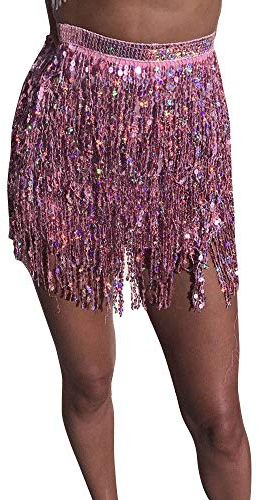 Damen Pailletten Rock Quasten Rock Rave Rock Bauchtanz Kostüm Bauchtanz Mini Rock für Mädchen, Bauchtanz Hüfttuch Club Kostüm Sommer Wrap Fransen Röcke, Rock zum Schnüren, Hüftschal, Rave Outfit