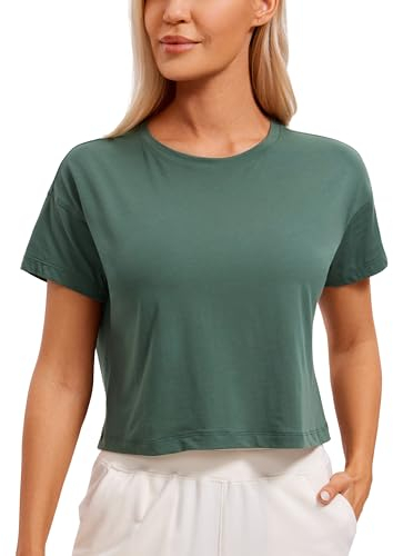 CRZ YOGA Women's Short Sleeve Yoga T-Shirts Loose Fit Sports Fitness Crop Tops Workout Casual Cropped Shirt Graphite Green 10
