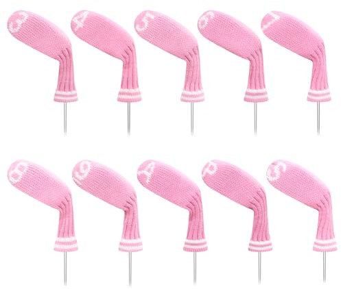 LeFeng 10pcs Knitted Golf Iron Head Covers 3-9/A/P/S Set - Lightweight and Durable Material - Multiple Patterns Golf Club Head Covers - Fit Well for Callaway Ping Taylormade Cobra Etc.(Pink)