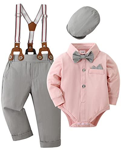 Amissz Vêtements Bébé Garçon Ensemble Gentleman, Tenue Bapteme Bebe Garcons Mariage Ceremonie Costume Bretelles Pantalons + Chemise + Nœud Papillon Rose, 6-12 Mois