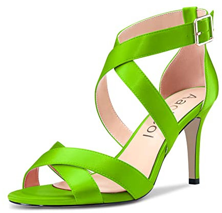 Aachcol Donna Sandali Aperte sulla Punta Cinturino alla Caviglia Spillo Alto High Tacco Heel Dress Scarpe Pumps Ufficio da Matrimonio Raso Verde Lime 8 CM 43 EU